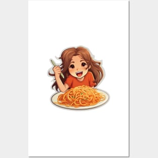 Cute Girl Eating Spaghetti Posters and Art